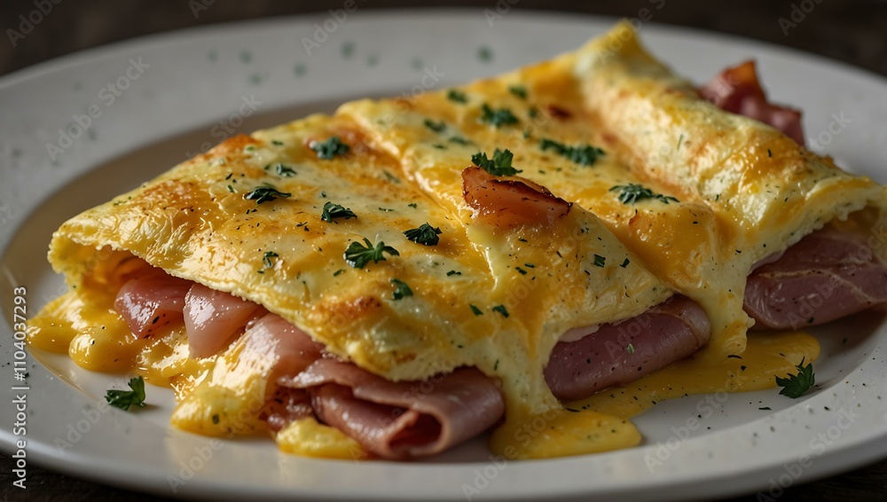 A perfectly folded ham and cheese omelet in a white dish, oozing melted cheese. A perfectly folded ham and cheese omelet in a white dish, oozing melted cheese.