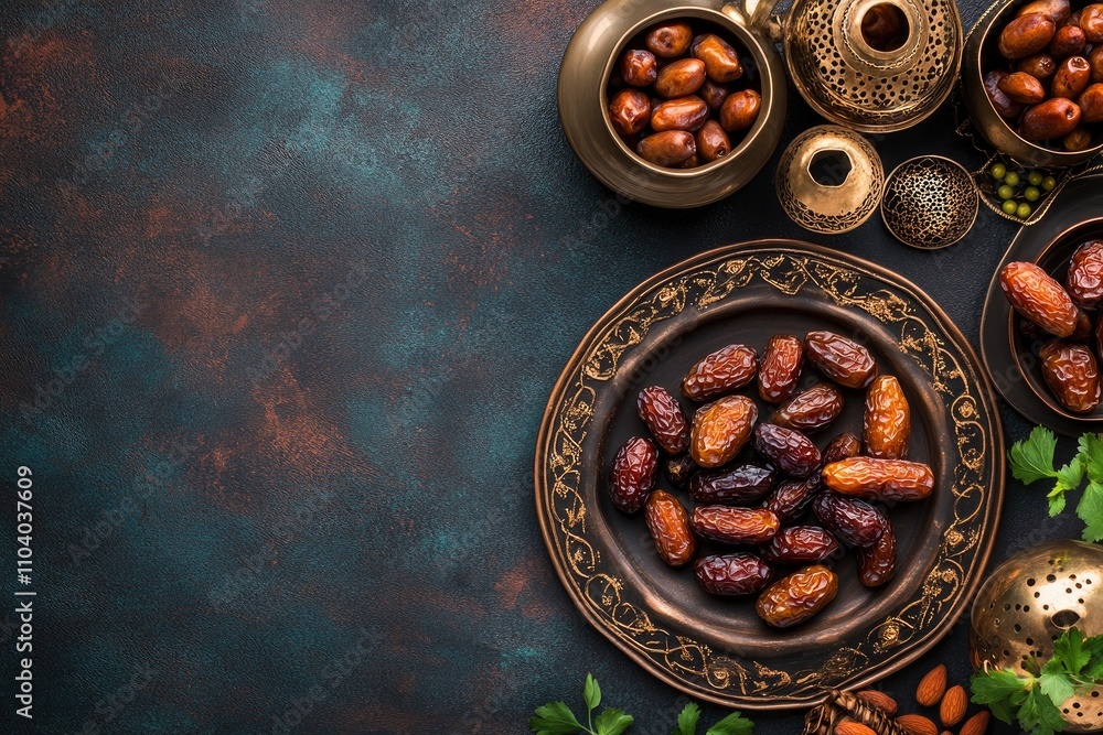 Ramadan kareem holiday background with dried dates, fruits and decorations. Top view, flat lay, copy-space Ramadan kareem holiday background with dried dates, fruits and decorations. Top view, flat lay, copy-space