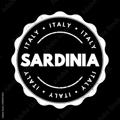 Sardinia is a large Italian island in the Mediterranean Sea, text concept stamp