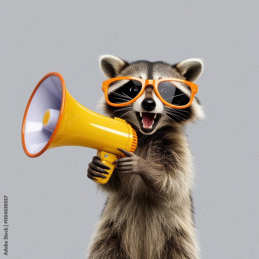 Fototapeta premium Cool raccoon hipster in sunglasses announcement. Marketing, sale, discount concept