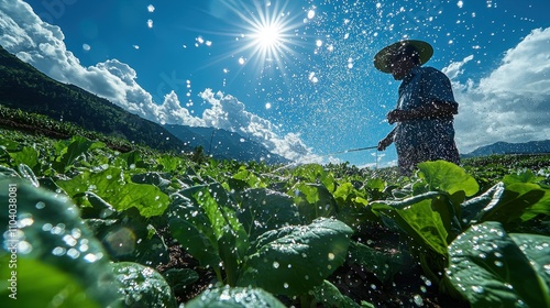 A farmer irrigating a large field of vegetables, with water sprinkling over the plants under the bright midday sun. The shimmering droplets and vibrant green crops reflect the effort and importance  photo