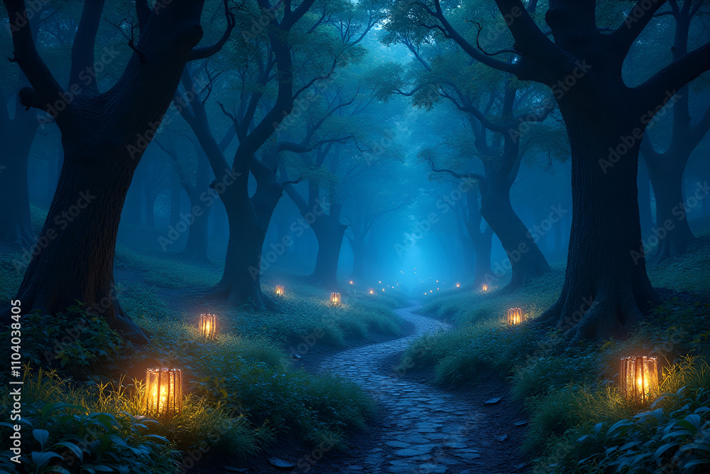 Enchanted Stone Path Through Nocturnal Forest with Mystical Blue Fog Enchanted Stone Path Through Nocturnal Forest with Mystical Blue Fog
