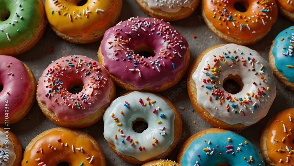 A plate of colorful donuts with icing. A plate of colorful donuts with icing.
