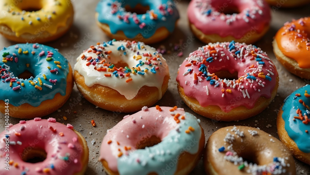 A plate of colorful donuts with icing. A plate of colorful donuts with icing.
