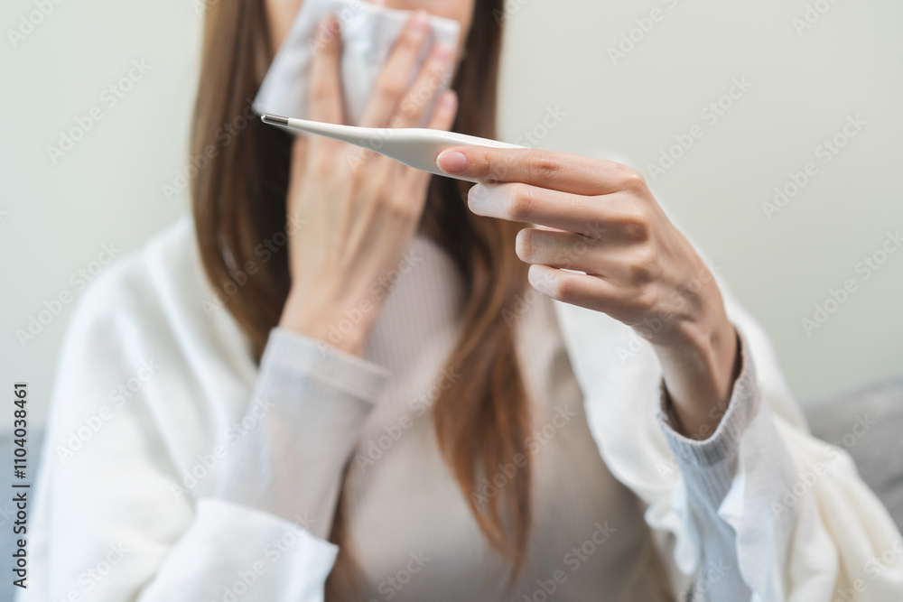 Sick, influenza asian young woman tired have a fever and sore cough hand holding thermometer for check measure body temperature, illness while rest at home. Health care with disease, pandemic virus. Sick, influenza asian young woman tired have a fever and sore cough hand holding thermometer for check measure body temperature, illness while rest at home. Health care with disease, pandemic virus.