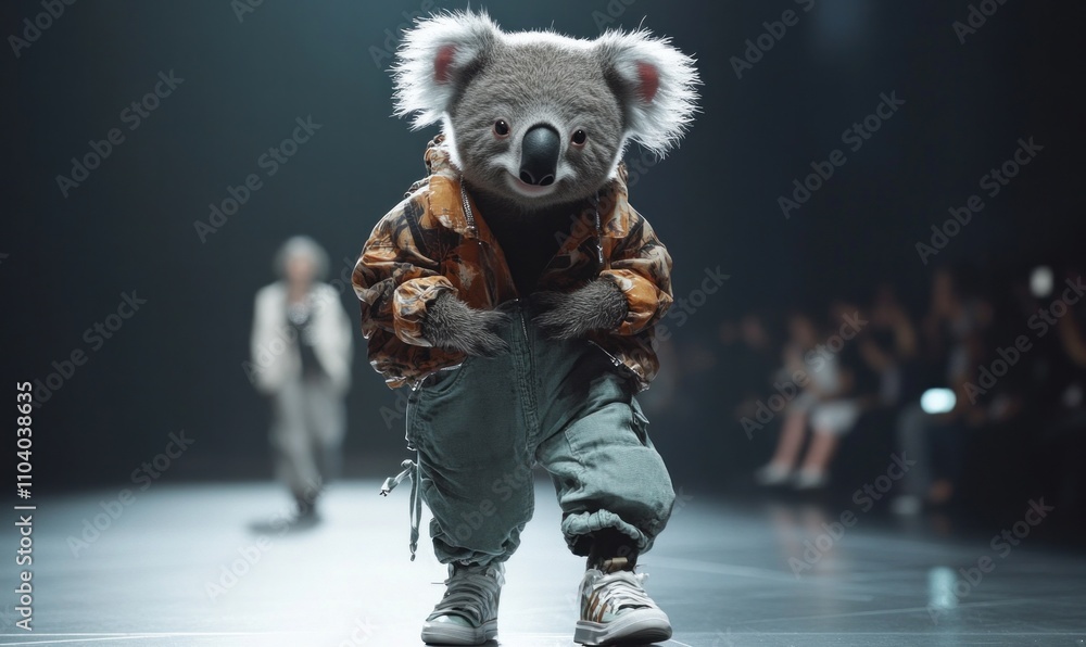Koala in Stylish Attire Walking Confidently on Fashion Runway Koala in Stylish Attire Walking Confidently on Fashion Runway
