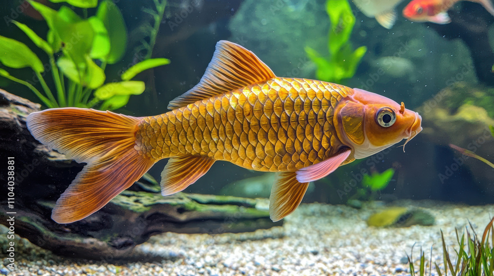 high resolution photo of majestic koi fish swimming gracefully in vibrant aquarium, surrounded by lush green plants and natural decor, creating serene atmosphere high resolution photo of majestic koi fish swimming gracefully in vibrant aquarium, surrounded by lush green plants and natural decor, creating serene atmosphere