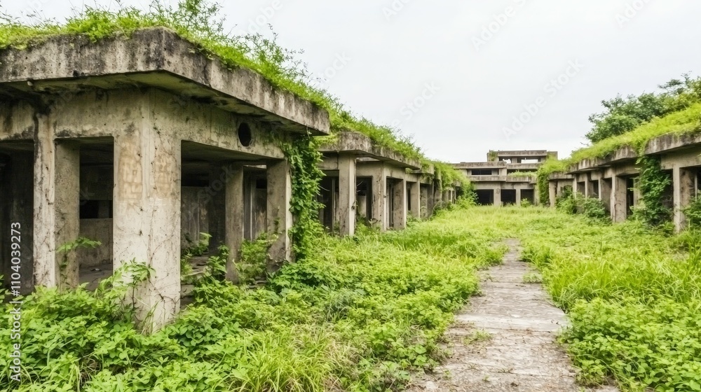 dystopia society concept. Overgrown remnants of a concrete structure, showcasing nature reclaiming abandoned architecture amidst lush greenery. dystopia society concept. Overgrown remnants of a concrete structure, showcasing nature reclaiming abandoned architecture amidst lush greenery.