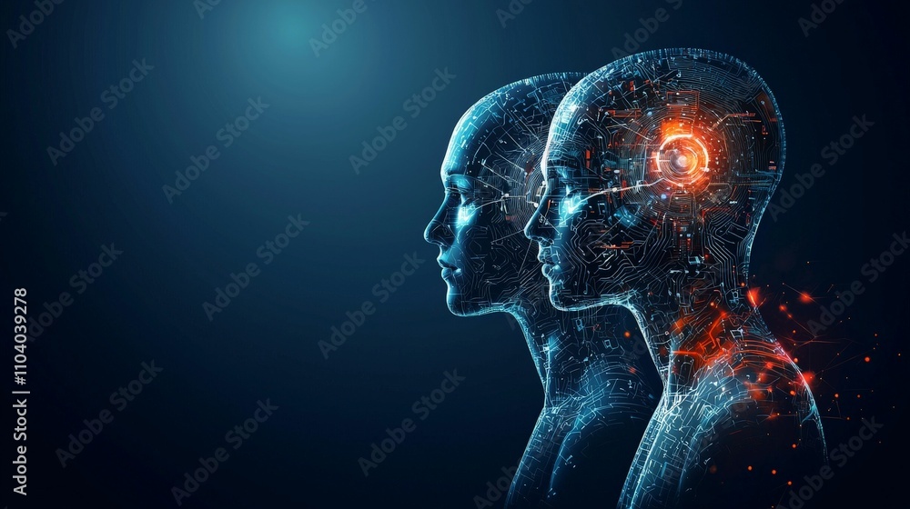 dystopia society concept. Two digital human figures in profile ...