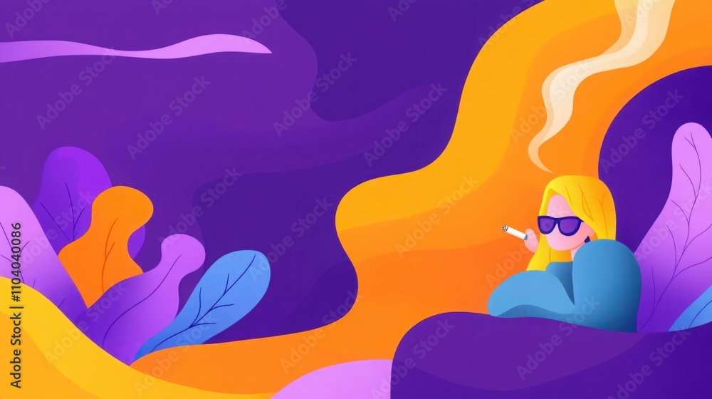 Obraz premium Abstract Illustration of a Cool Female Character with Sunglasses Surrounded by Colorful Waves and Leaves, Perfect for Modern Lifestyle and Summer Themes