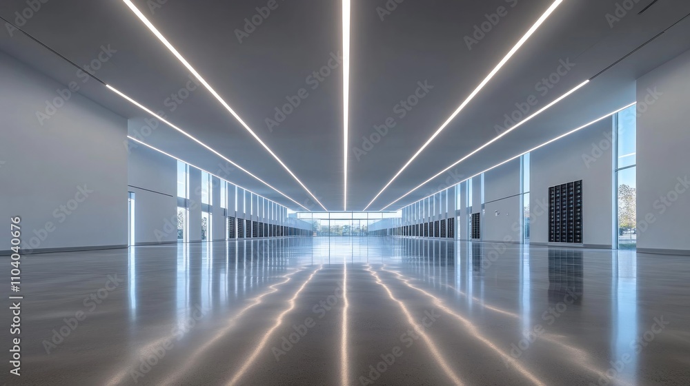 Modern, spacious, bright interior with sleek lines and polished floor reflecting light. Modern, spacious, bright interior with sleek lines and polished floor reflecting light.