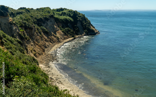 Obraz na płótnie Stunning aerial view of Balchamo Beach in Carelmapu, showcasing its natural beauty with golden sands, vibrant greenery, and coastal charm in Southern Chile. w salonie