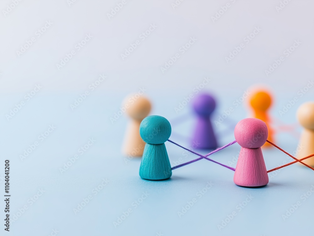 Obraz premium Conceptual illustration social connectivity wooden people figures network connections interconnected interlinked relationships structure leadership