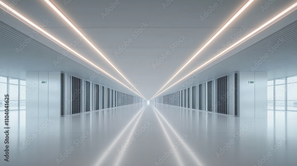 Long, bright hallway with evenly spaced doors and illuminated ceiling lines. Long, bright hallway with evenly spaced doors and illuminated ceiling lines.