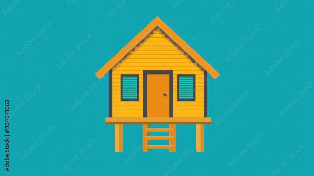 Bright and Cheerful Yellow House Illustration on a Vibrant Teal Background, Perfect for Home and Lifestyle Projects Bright and Cheerful Yellow House Illustration on a Vibrant Teal Background, Perfect for Home and Lifestyle Projects