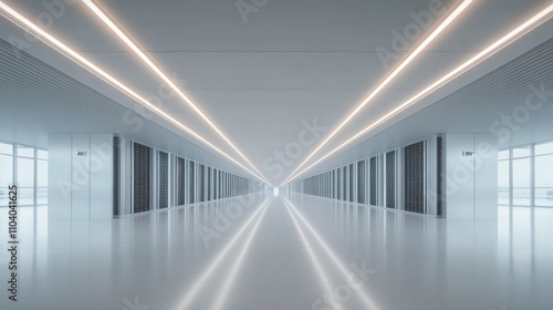 Long, bright hallway with evenly spaced doors and illuminated ceiling lines.