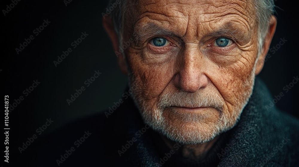 Close-up portrait of a senior man with intense blue eyes and weathered face. Close-up portrait of a senior man with intense blue eyes and weathered face.
