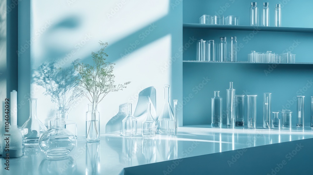 Laboratory setting with glassware and natural elements. Laboratory setting with glassware and natural elements.