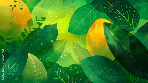 A vibrant green background with a layered effect of leaves and nature-inspired shapes, blending organic forms with modern graphic design. Organic. Illustration photo