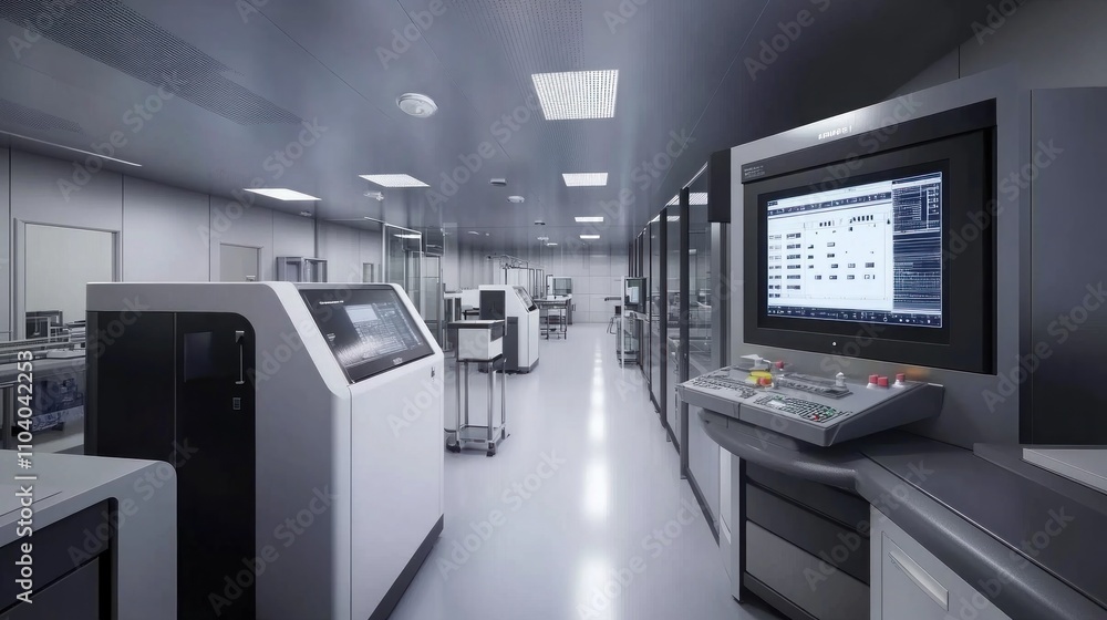 Modern cleanroom interior with high-tech machinery and control panels. Modern cleanroom interior with high-tech machinery and control panels.