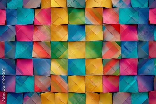 Vibrant pattern of colorful paper folded into squares, arranged in an array against a bright background photo