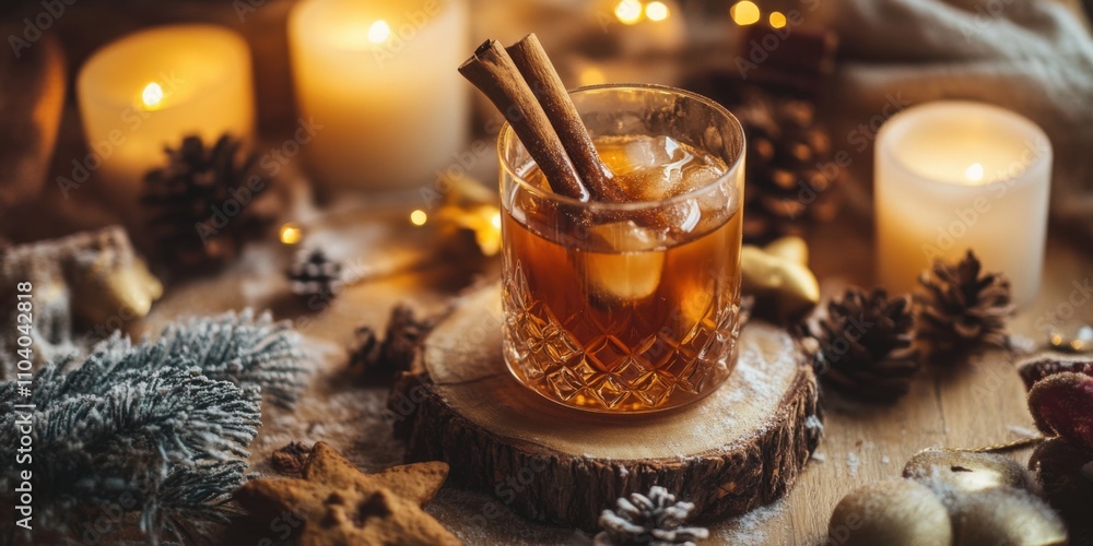 Gingerbread-inspired Old Fashioned with ginger syrup, bitters, cinnamon stick, served in a rustic glass, cozy holiday ambiance, soft candlelight Gingerbread-inspired Old Fashioned with ginger syrup, bitters, cinnamon stick, served in a rustic glass, cozy holiday ambiance, soft candlelight