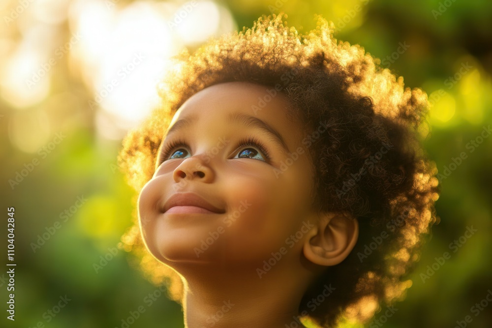 A young child with curly hair gazes upwards, surrounded by lush green foliage. The sunlight filters through the leaves, creating a warm and joyful atmosphere that enhances the childs expression of won A young child with curly hair gazes upwards, surrounded by lush green foliage. The sunlight filters through the leaves, creating a warm and joyful atmosphere that enhances the childs expression of won