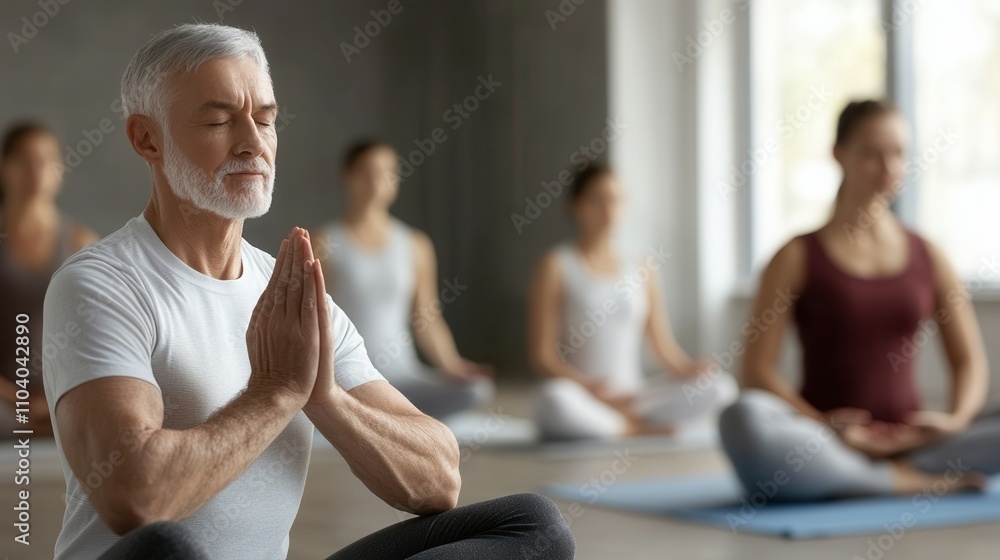 A mature man sits cross legged in a yoga studio, practicing mindfulness with closed eyes and hands in a prayer position. Surrounding him are several individuals engaged in meditation, creating a peace A mature man sits cross legged in a yoga studio, practicing mindfulness with closed eyes and hands in a prayer position. Surrounding him are several individuals engaged in meditation, creating a peace