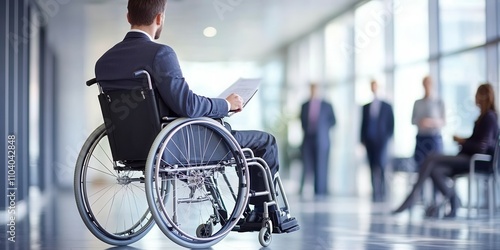 A person in formal attire uses a wheelchair in a modern office environment during a business meeting. Colleagues engage in discussion while the individual takes notes, showcasing inclusivity in the wo