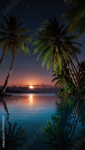 A serene nighttime scene with illuminated palms  evoking relaxation and exotic beauty.