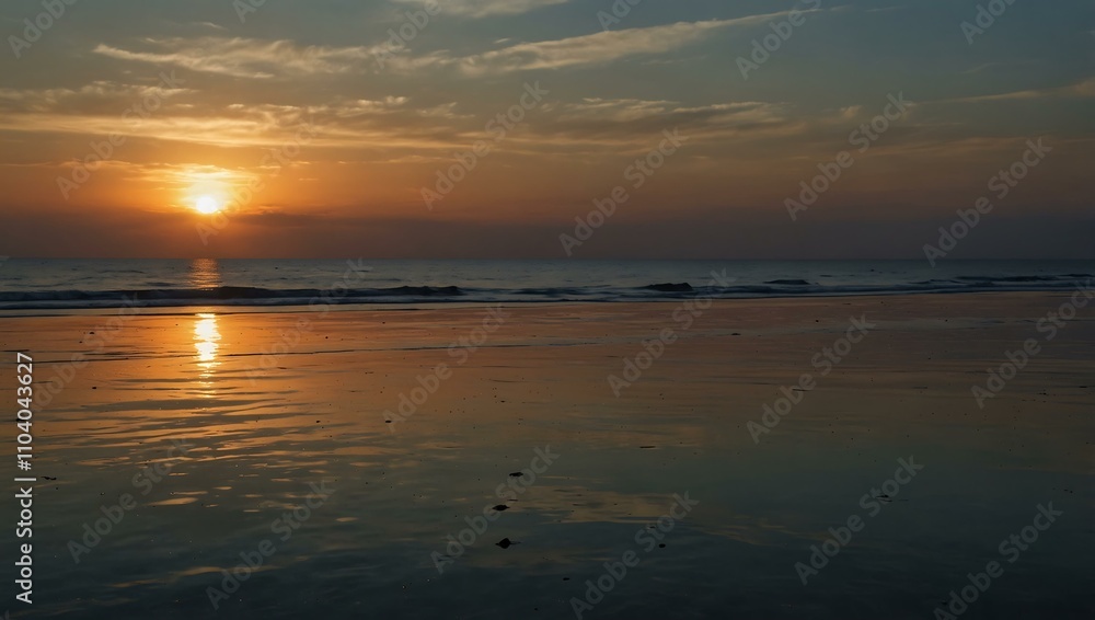 A serene sunset silhouette over a tranquil beach horizon with calm waters. A serene sunset silhouette over a tranquil beach horizon with calm waters.