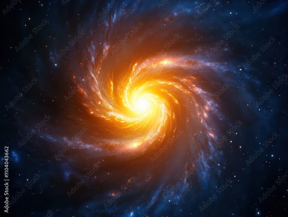 Obraz premium A vivid depiction of a swirling galaxy, showcasing bright orange and yellow hues against a backdrop of deep blue space.