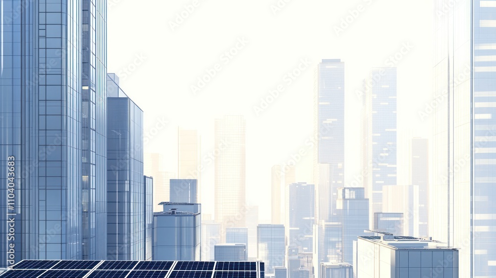 Solar panels atop modern cityscape. Solar panels atop modern cityscape.
