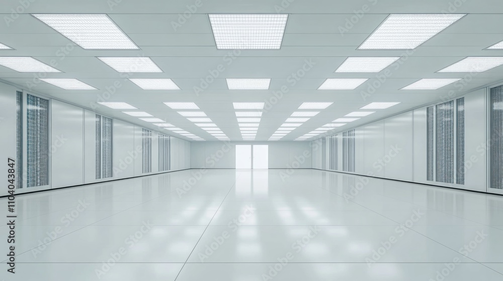 Obraz premium Clean, bright, empty white room with recessed lighting and server racks.