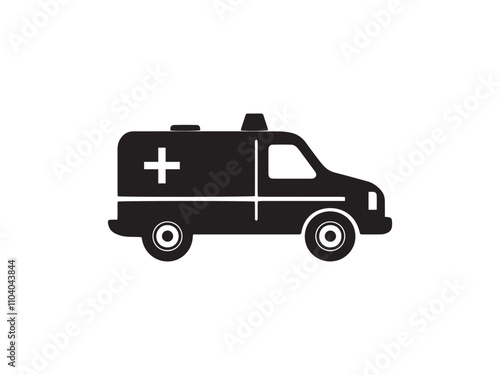 A black and white silhouette of a ambulance icon. Black ambulance icon on white background.