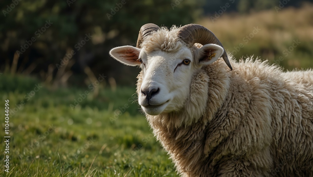 A sheep with curved horns standing in the grass A sheep with curved horns standing in the grass