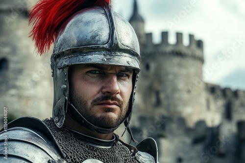 A knight in shining armor with a red plume stands resolutely in front of a medieval castle. photo