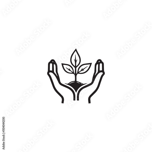 Hands holding soil with tree flat line icon. ecology concept logo. plant growing emblem . vector illustration