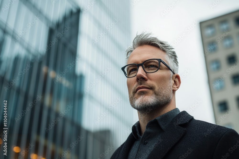 A middle aged man with gray hair and glasses stands confidently in an urban setting, surrounded by modern buildings. His composed expression reflects professionalism and determination against a backdr A middle aged man with gray hair and glasses stands confidently in an urban setting, surrounded by modern buildings. His composed expression reflects professionalism and determination against a backdr