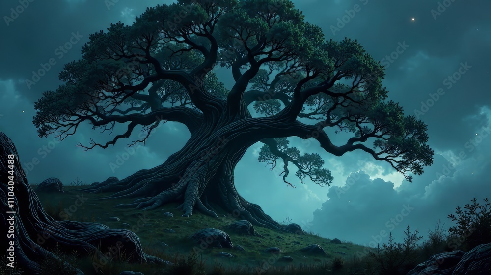 Hollow Tree Night Gloom, Dark Landscape, Atmospheric AI Art Hollow Tree Night Gloom, Dark Landscape, Atmospheric AI Art