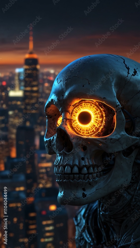 Fototapeta premium A skull with a glowing eye, surrounded by a city background.