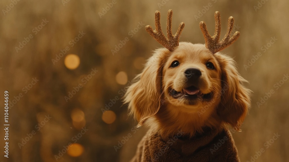 Obraz premium Cheerful Puppy with Antlers against a Warm Holiday Background