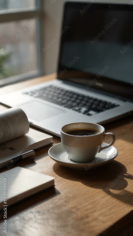 A sleek laptop on a minimalist desk with a steaming cup of coffee in soft morning light. A sleek laptop on a minimalist desk with a steaming cup of coffee in soft morning light.