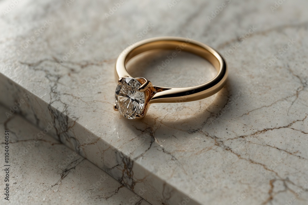 Elegant engagement ring with a sparkling diamond resting on a marble surface Elegant engagement ring with a sparkling diamond resting on a marble surface