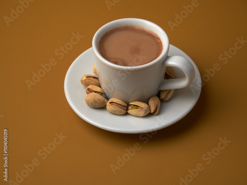 A cozy coffee cup with pistachios on a warm-toned table setting in a serene afternoon atmosphere