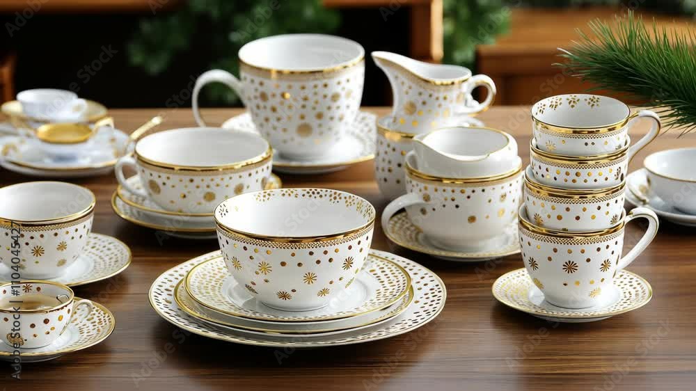 Elegant porcelain tea set arranged on a wooden table with gold detailing and decorative patterns Elegant porcelain tea set arranged on a wooden table with gold detailing and decorative patterns