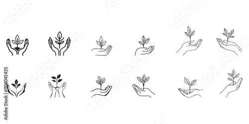 Hands holding soil with tree flat line icon set . ecology concept logo.  plant growing emblem . vector illustration