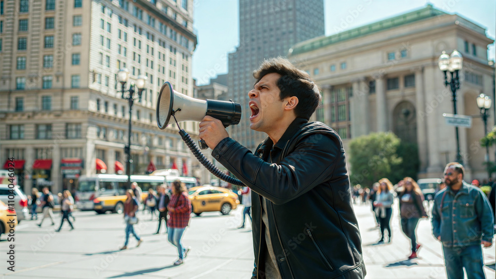 Handsome man yelling in the megaphone on the city square, people protesting, buildings background