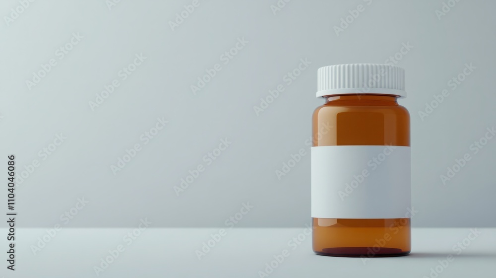 Empty amber prescription bottle with a white label on a minimalist background, ideal for healthcare, pharmacy, or medical themes in stock imagery. Empty amber prescription bottle with a white label on a minimalist background, ideal for healthcare, pharmacy, or medical themes in stock imagery.