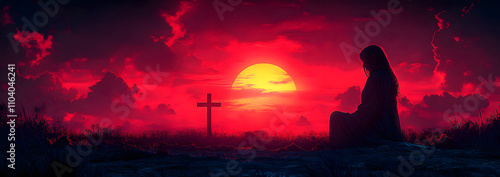 A woman kneeling in prayer with a cross silhouetted against a sunset, styled as a minimalist vector illustration. She has long hair and wears a robe reminiscent of Jesus Christ’s attire, evoking spiri photo